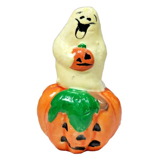 Vintage Halloween Ghost in Pumpkin Wax Candle Figure Sculpture 5x3" - Picture 1 of 8